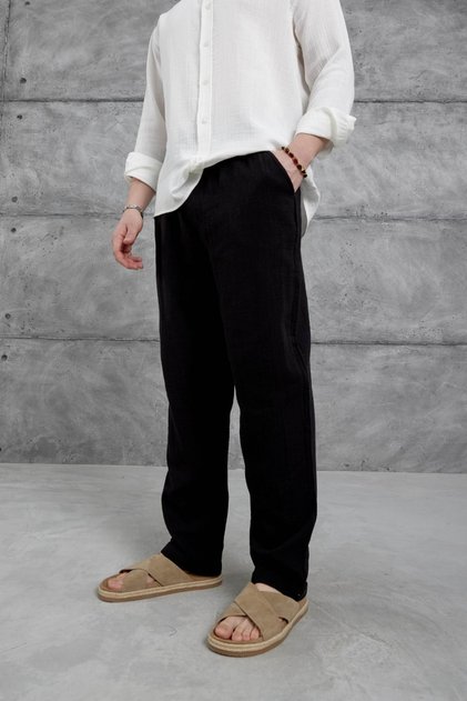Men's Black Summer Muslin Linen Blended Fabric Relaxed Cut Pantalon