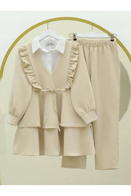 Önü Fırfırlı Bağcıklı Eteği Katlı Pantolonlu Kimono Takım