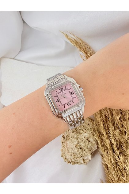 Retro Vintage Square Roman Numeral Silver Inside Pink Women's Wristwatch