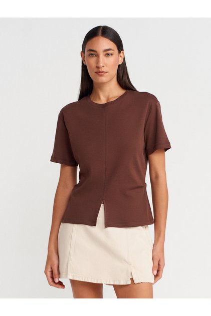 31874 100% Cotton Slit Detail T-Shirt-Light Brown