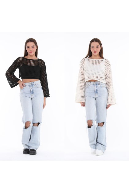 Women's Double Black and White Openwork Crop Blouse