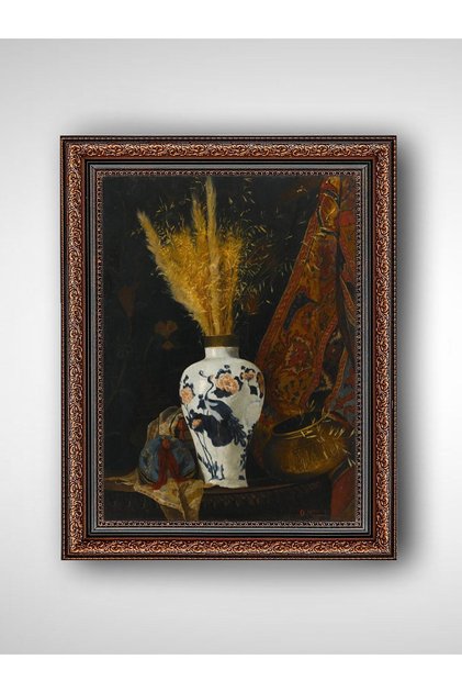 Beyaz Vazoda Çiçekler Osman Hamdi Bey - Kahverengi Vintage Çerçeveli Dekoratif Salon Duvar Tablosu Ev Ofis Dekorasyonu