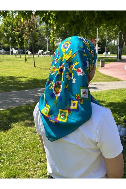 Çengelköy Patterned Turquoise Writing 100X100 cm – Ethnic Floral Headscarf Dowry and Daily