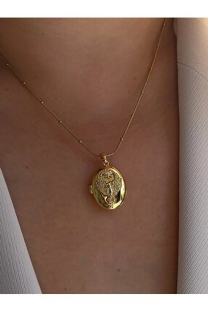 Ankakuşu Alya Kolyesi Gold Renk Çelik Kapaklı Kolye