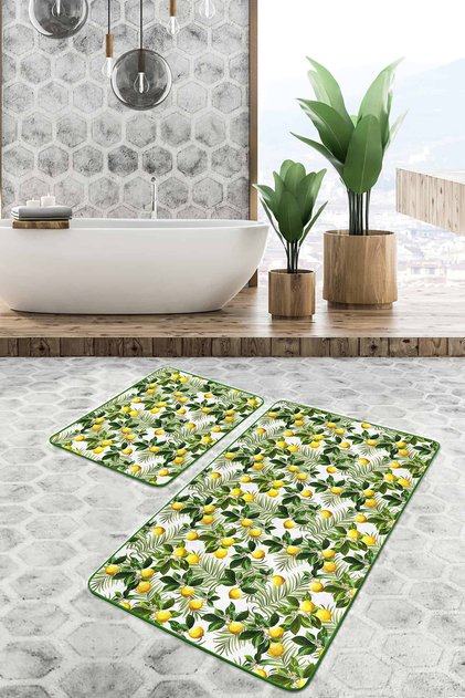 Green Leaves Lemon Patterned Special Design 2-Piece Non-Slip Base Bathroom & Kitchen Mat Set