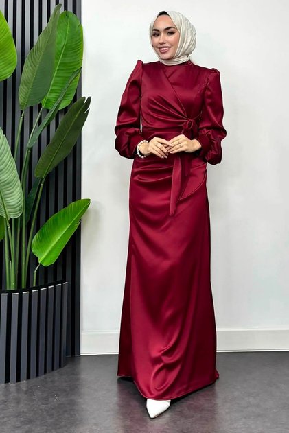 Bel Bağlama Detaylı Saten Tesettür Abiye-Bordo