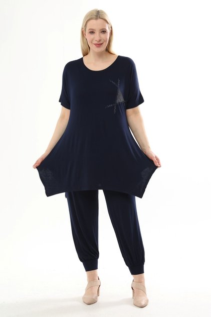 Plus Size Full Lycra Loose Crew Neck Pants with Stones Seasonal Sweat-Free Women's Suit