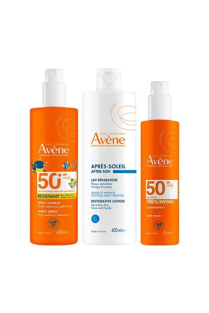 Set de îngrijire solară Avène: Spray SPF50+ 400 ml, Spray Invizibil SPF50 200 ml, Loțiune după soare 400 ml