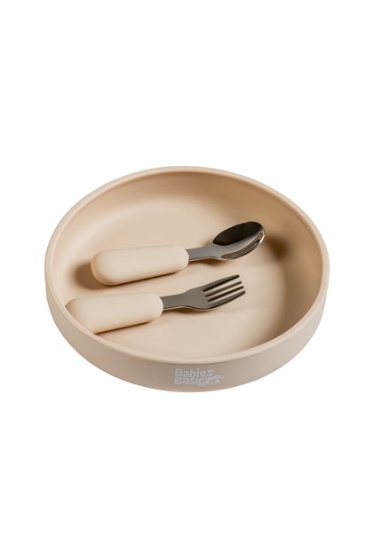 Silicone Feeding Set with Silicone Suction Plate, Spoon and Fork - Beige