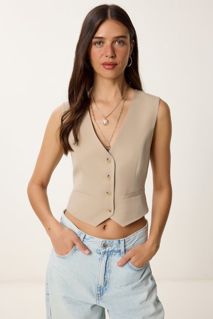 V-Neck Buttoned Woven Vest Beige Lvw0003