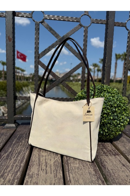 Women's Canvas Black Leather Strap Detailed Summer Shoulder Bag