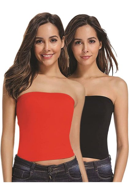 Women's Seamless Strapless Crop Top Tube Top Inner Camisole, One Size (Pack Of 2) (BLACK/RE
