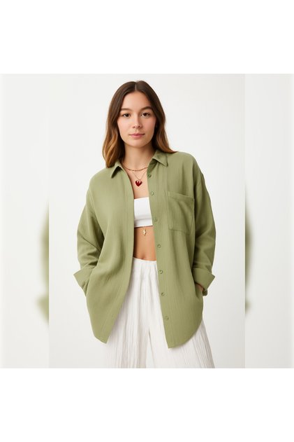 Oversize Khaki Single Pocket Muslin Shirt
