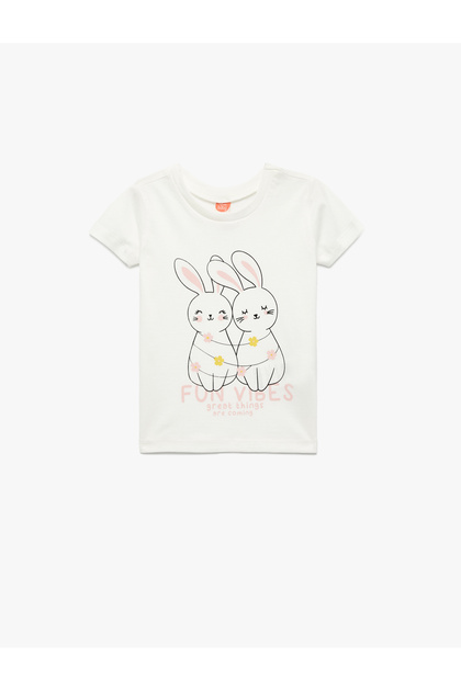 Short Sleeve Crew Neck Rabbit Printed Cotton T-Shirt