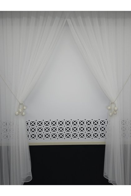Double Breasted Tulle Curtain 4 Balls Ornamental Rope Included Regular Pleat 1/3