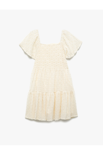 Short Sleeve Crew Neck Pleated Ruched Dress with Fold Detail