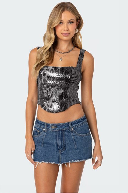 ÖZEL TASARIM KADIN SİYAH LEOPAR DESEN PAYET CROP TOP