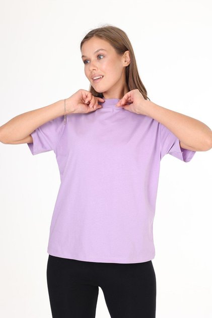 100% Organic Cotton Women's Lilac Basic Ribbed High Neck Knitted T-Shirt Half Fisherman Neck