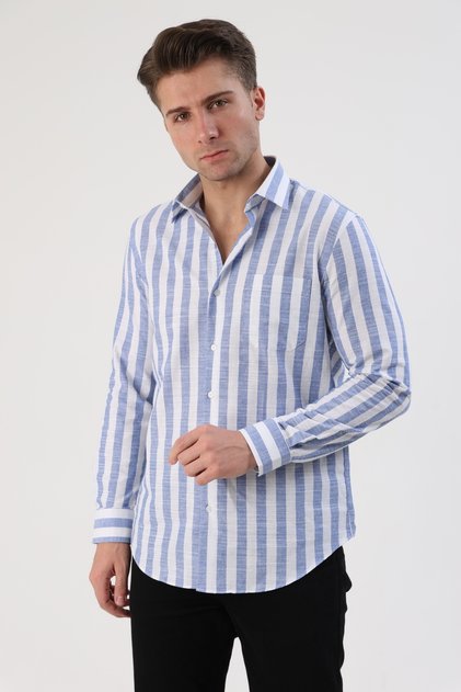 Men's Shirt Regular Fit Pocket 100% Cotton Linen Look (Sax)