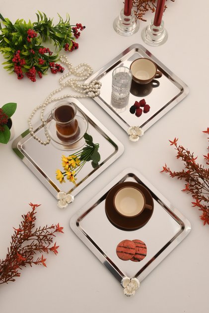 Anter Anter Stainless Stone Square Coffee Serving Tray 3 Pieces Silver