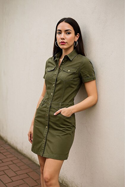 Bluewhite Women's Khaki Buttoned Jean Dress- Trendyol Bluewhite Women's Khaki Buttoned Jean Dress- Trendyol
