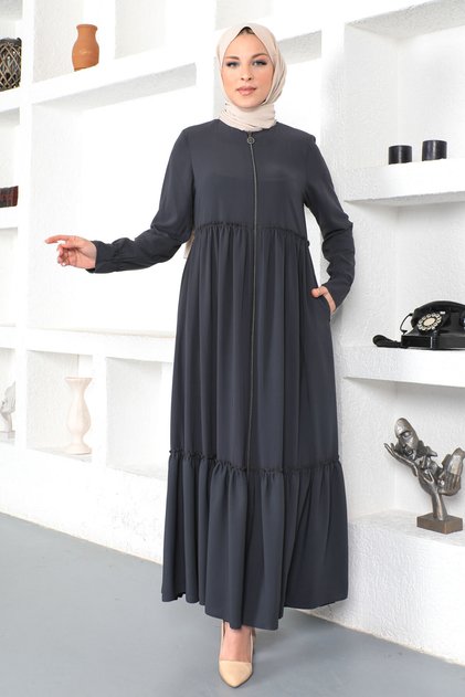Flounced Hijab Abaya Tsd230335 Anthracite