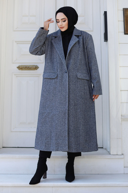 Herringbone Patterned Coat Tsd240925 Navy Blue