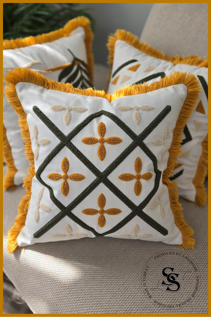 Beauty Flowers Punch Embroidered Patterned Linen Cushion Cover