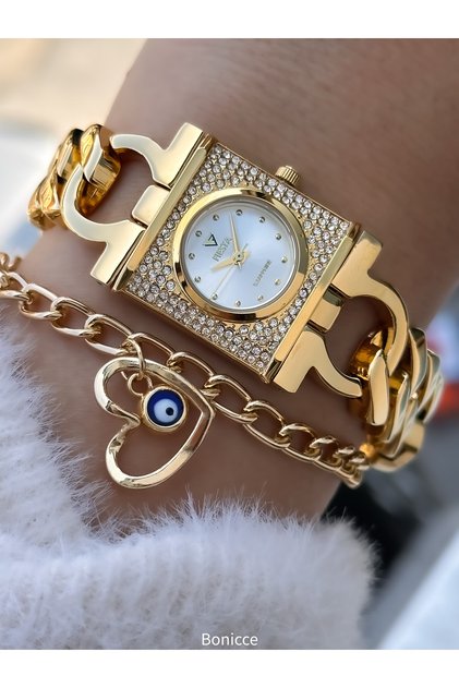2-Year Warranty Golden Yellow Steel Cord Bridal, Engagement, Wedding Bridal Stone Wrist Watch Bracelet