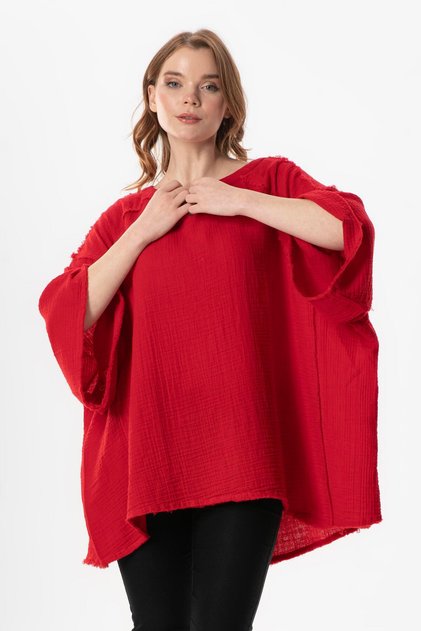 Half Sleeve Nadya V-Neck Muslin Summer Blouse Red Krmz