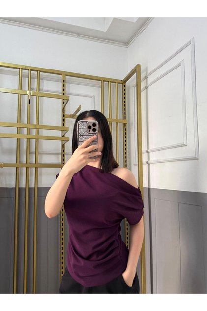 Drape/Ruched Detailed Draped Asymmetric Collar Knitted Crepe Fabric Blouse 0028