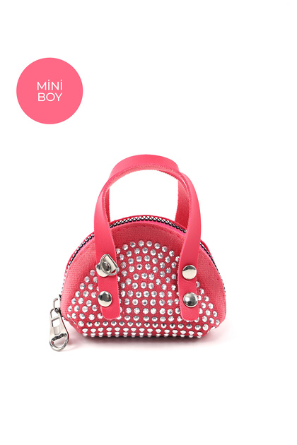 Fuchsia Shk220 Suede Fabric, Single Compartment, Chain Strap, Zipper, Stone, Mini Hand and Shoulder Bag
