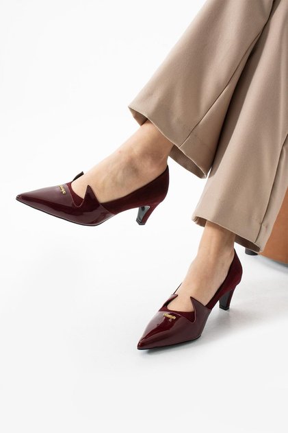 Women's Genuine Leather Classic Heeled Shoes Claret Red