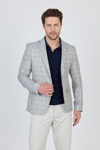 Trieste Men's Light Beige-Blue Plaid Checked Spring-Summer Sports Blazer Jacket