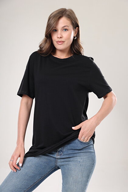 Süper Kalite Kadın %100 Pamuk Siyah Bisiklet Yaka Oversize Boyfriend T-shirt