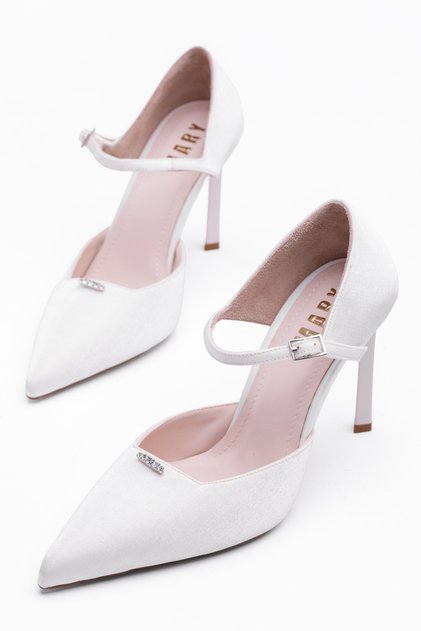 White Evening Dress Shoes Women's Heeled Stiletto Shoes with Front Buckle and Ankle Strap