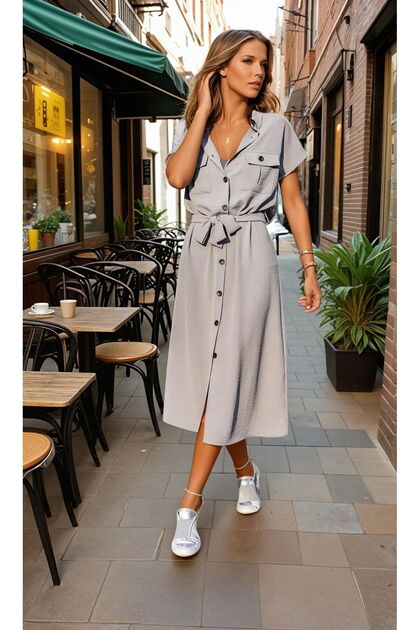 Women's Gray Wide Cut Pockets Short Sleeve Buttoned Casual Long Summer Safari Shirt Dress 4045410