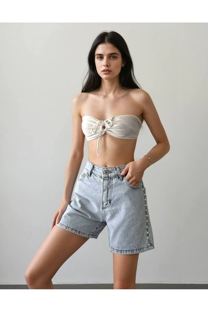 Stone Embroidered Regular Fit Denim Shorts # 9043