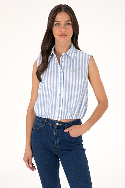 Women's Blue Striped Short Sleeve Shirt 50306475-Vr036