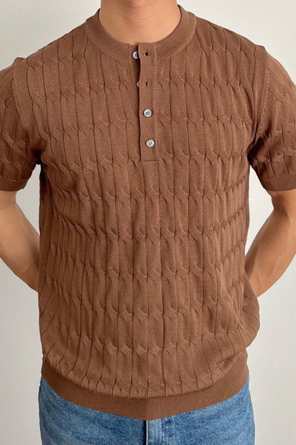 Men's Brown Judge Collar Buttoned Slim Fit Knitwear T-Shirt
