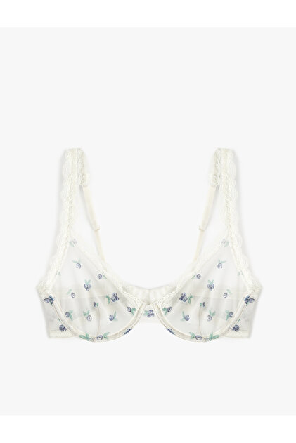 Transparent Lace Detailed Blueberry Printed Underwire Bra