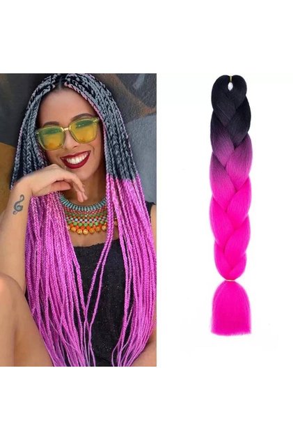 Extensii de păr sintetic colorate pentru împletitură, culoare Ombre, negru/vișiniu, 105 g, 63 cm