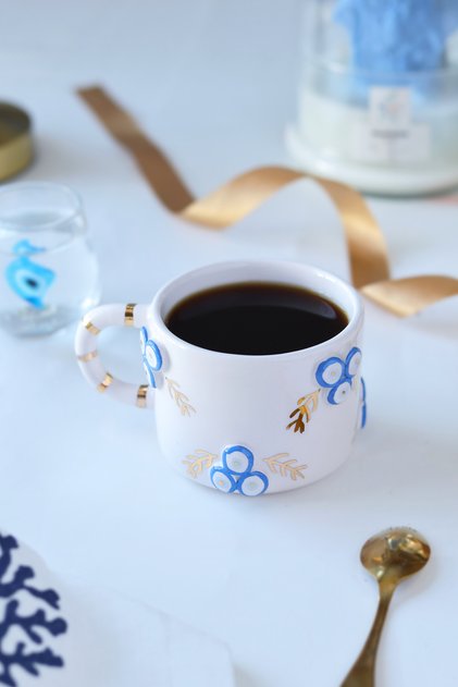 24K Gold Decorated Ceramic Mug with Handmade Evil Eye Figure 200ml