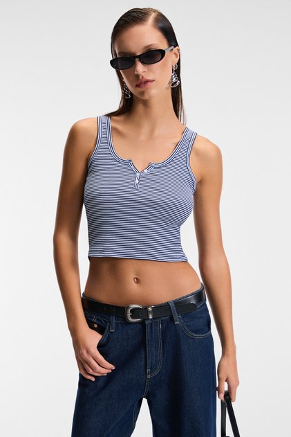 Mavsera Women's Thick Strap U-Neck Buttoned Crop Slim Navy Blue / White Undershirt
