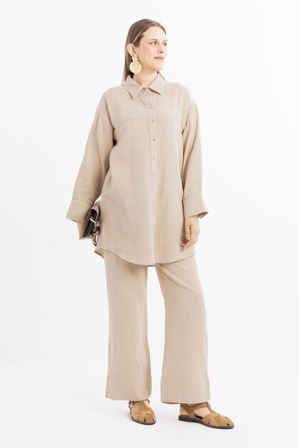 Beige-Stitching Detailed Muslin Trousers Set