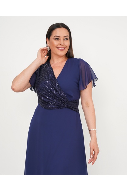 princess polly baby blue dress Şirin Butik Women's Navy Blue Plus Size Double Breasted Collar Short Sleeve  Sequin Detailed Chiffon Midi Length Evening Dress- Trendyol