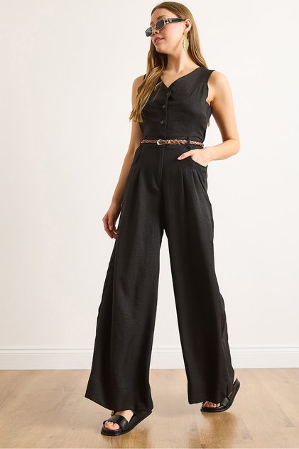 Women's Black Buttoned Pocket Belted Wide Leg Jumpsuit Tlm-19000157