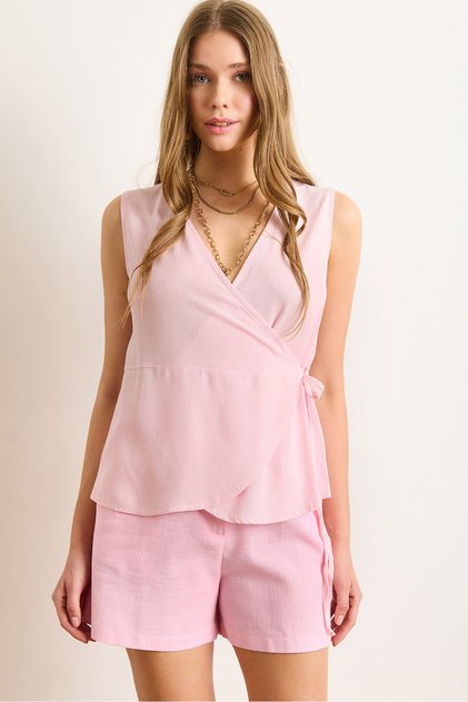 Women's Pink Lace Detailed Wrapped Flowy Viscose Blouse Blz-19003026