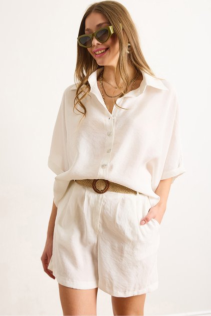 Women's White Modal Top Shirt Bottom Belt Shorts Suit Tkm-19000403