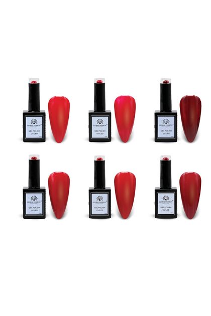 Crimson Cascade UV/LED Gel Polish Set β 6 Red Soak-Off Shades, 15 ml Glossy, Salon Nail Kit